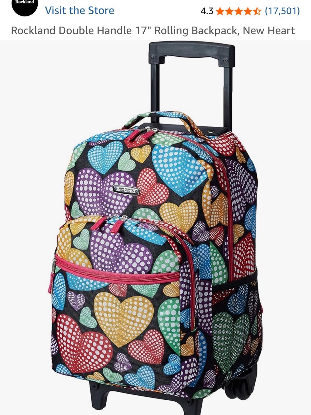 Rockland Kids Rolling Backpack with Multicolor Heart Print